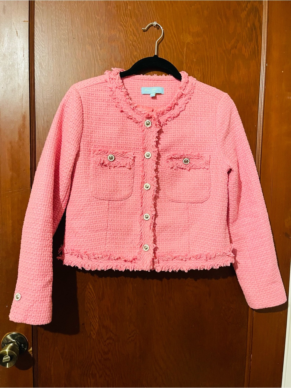 Fresh Mint Pink Tweed Cropped Fringe Jacket Blazer Petite Medium